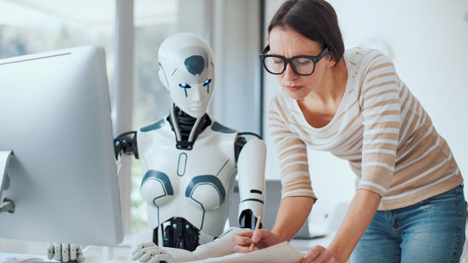 Woman and AI robot working together